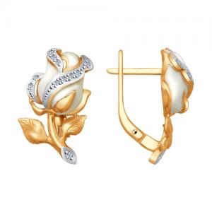 Золотые серьги «Белые розы» с бриллиантами