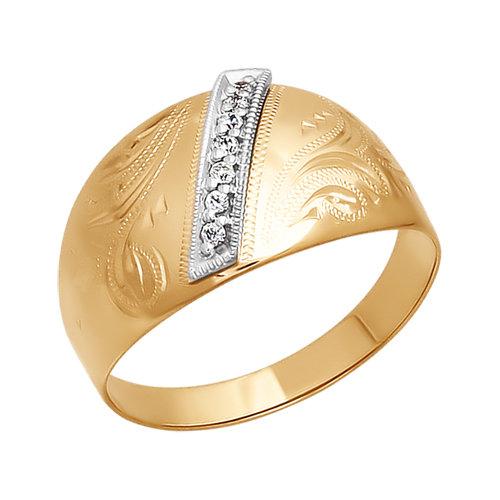 Кольцо из комбинированного золота с гравировкой с фианитами