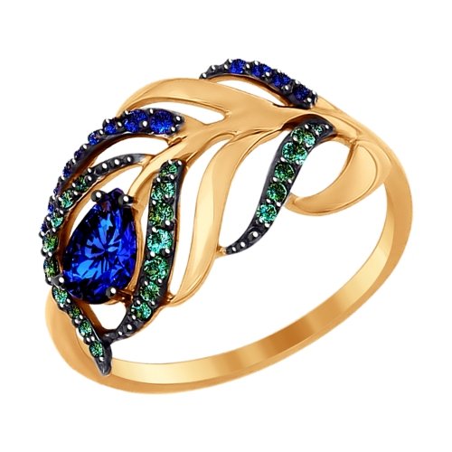 Кольцо из золота с зелеными и синими фианитами
