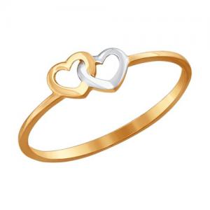 Тонкое золотое кольцо «Два сердца»