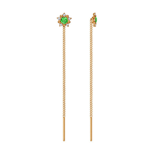 Серьги-цепочки из золота с зелеными фианитами