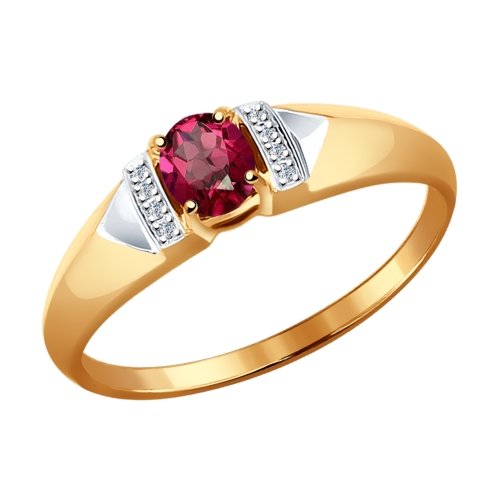 Sõrmus punasest kullast rubiiniga, teemantiga ja kaetud roodiumiga