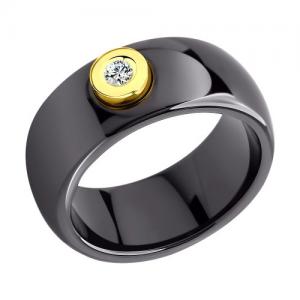 Керамическое кольцо с бриллиантом и жёлтым золотом