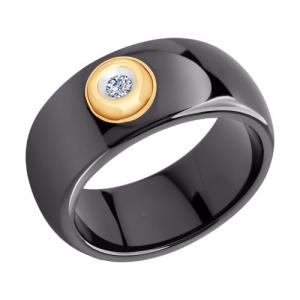 Кольцо из чёрной керамики с золотом и бриллиантом
