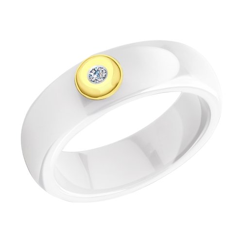 Кольцо из желтого золота с бриллиантами и белыми керамическими вставками