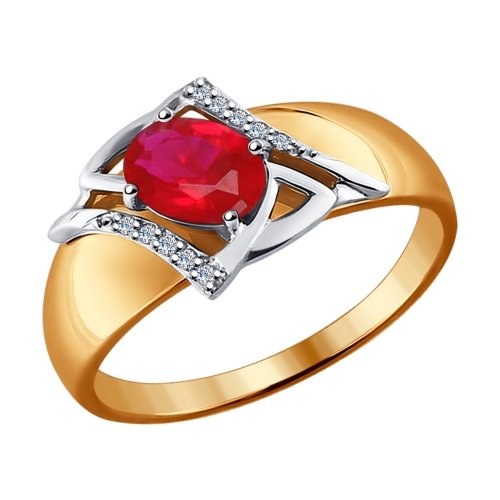 Sõrmus punasest ja valgest kullast sünteetilise rubiini korundiga, teemantiga ja kaetud roodiumiga