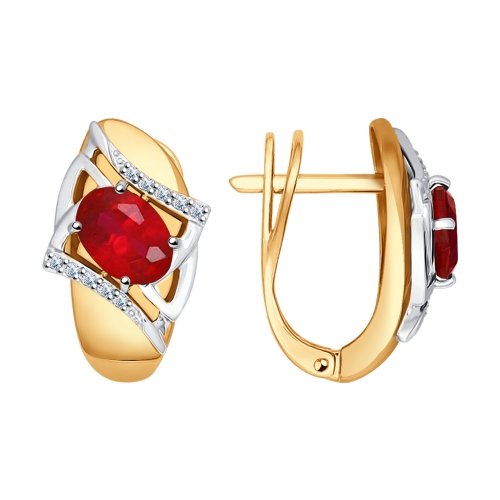 Kõrvarõngad punasest ja valgest kullast sünteetilise rubiini korundiga, teemantiga ja kaetud roodiumiga