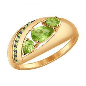 Кольцо из золота с хризолитами и зелеными фианитами