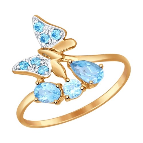Кольцо «Бабочка» из золота с голубыми топазами и голубыми фианитами