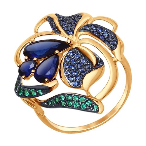 Кольцо из золота с корундами сапфировыми (синт.), зелеными и синими фианитами