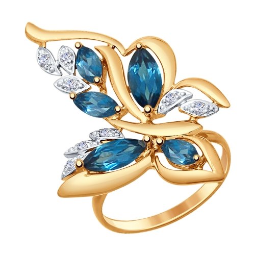 Кольцо «Бабочка» из золота с синими топазами и фианитами
