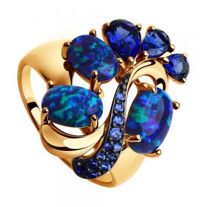 Kuldsõrmus siniste korundide (sünt), siniste opaalide ja siniste fianiitidega