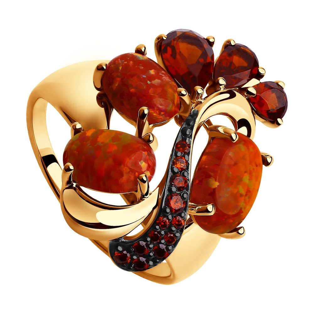 Sõrmus punasest kullast fianiidiga, nano spinelliga, agatega ja kaetud roodiumiga
