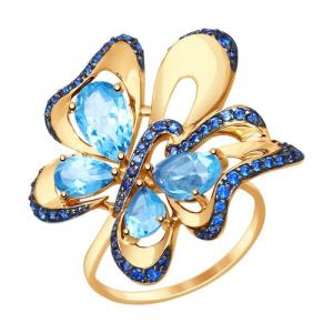 Кольцо «Бабочка» из золота с топазами и синими фианитами