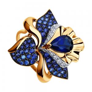 Kuldsõrmus sinise korundi (sünt) ja värvitute, helesiniste ja siniste fianiitidega