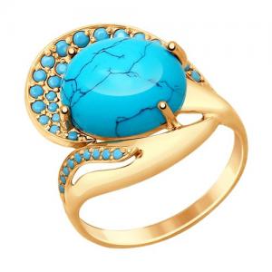 Кольцо из золота с бирюзой (синт.) и голубыми поделочные