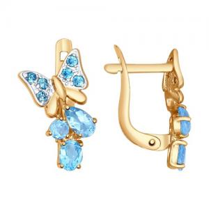 Золотые серьги «Бабочки» с голубыми топазами и голубыми фианитами