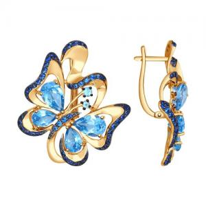 Серьги «Бабочка» из золота с топазами и синими фианитами