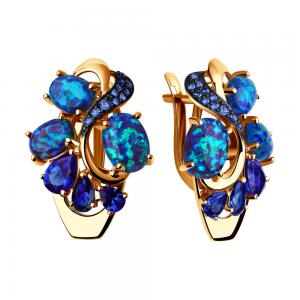 Kuldkõrvarõngad siniste korundide (sünt), siniste opaalide ja siniste fianiitidega