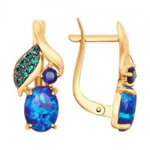 Kuldkõrvarõngad siniste korundide (sünt), siniste opaalide ja roheliste fianiitidega