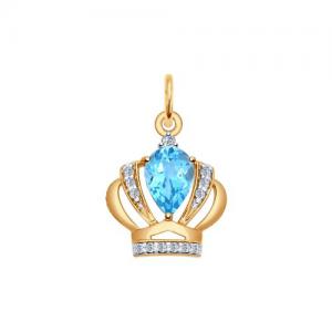 Золотая подвеска «Корона» с голубым топазом и фианитами