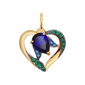 Подвеска «Сердце» из золота с корундом сапфировым и зелеными и синими фианитами