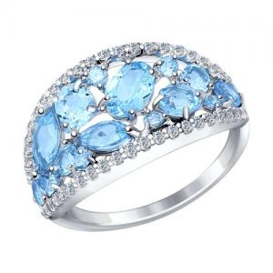 Кольцо из серебра с голубыми топазами и фианитами