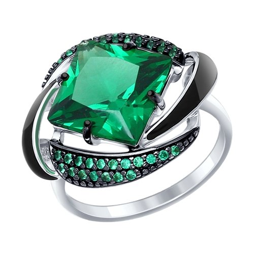 Кольцо из серебра с эмалью с зелёным ситаллом и зелеными фианитами