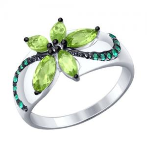 Кольцо из серебра с хризолитами и зелеными фианитами