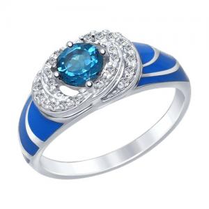 Кольцо из серебра с эмалью с синим топазом и фианитами