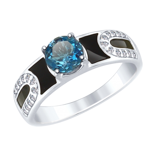 Кольцо из серебра с эмалью и синим топазом и фианитами