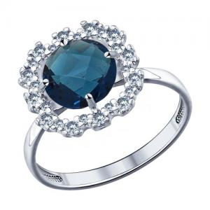 Кольцо из серебра с синей стеклянной вставкой и фианитами