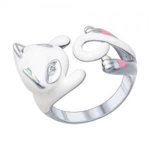 Кольцо в виде белой кошки из серебра