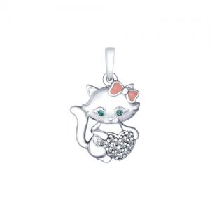 Серебряная подвеска «Кошка» с эмалью и фианитами