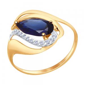 Кольцо из золота с синим корундом (синт.) и фианитами
