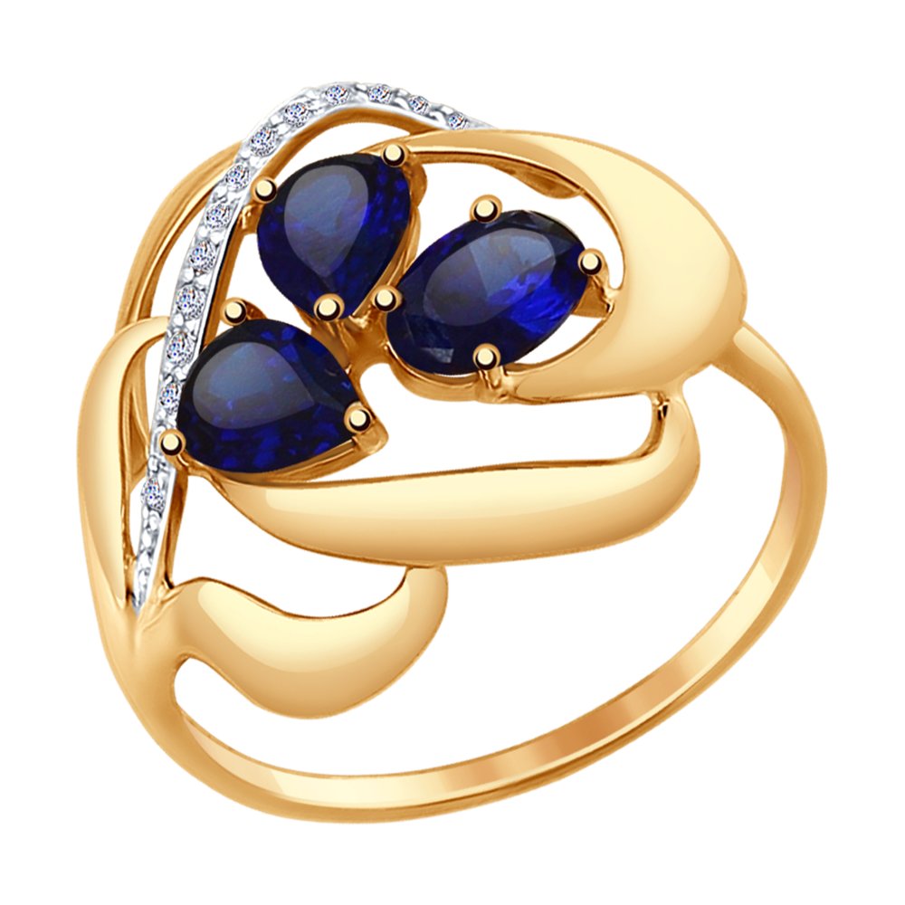 Кольцо из золота с синими корундами (синт.) и фианитами