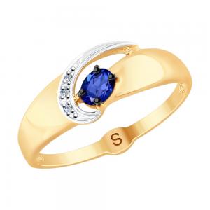 Кольцо из золота с бриллиантами и синим корундом (синт.)
