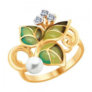 Кольцо из золота с эмалью и бриллиантами и жемчугом