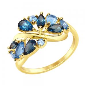 Кольцо из желтого золота с голубыми и синими топазами