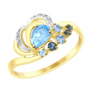 Кольцо из желтого золота с голубыми и синими топазами и фианитами
