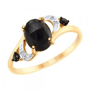 Кольцо из золота с чёрным агатом и бесцветными и чёрными фианитами