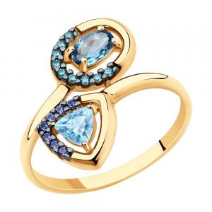 Кольцо из золота с голубым и синим топазами и фианитами