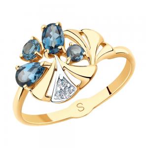 Кольцо из золота с синими топазами и фианитами