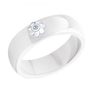 Кольцо из керамики с серебром и бриллиантом «Цветок»