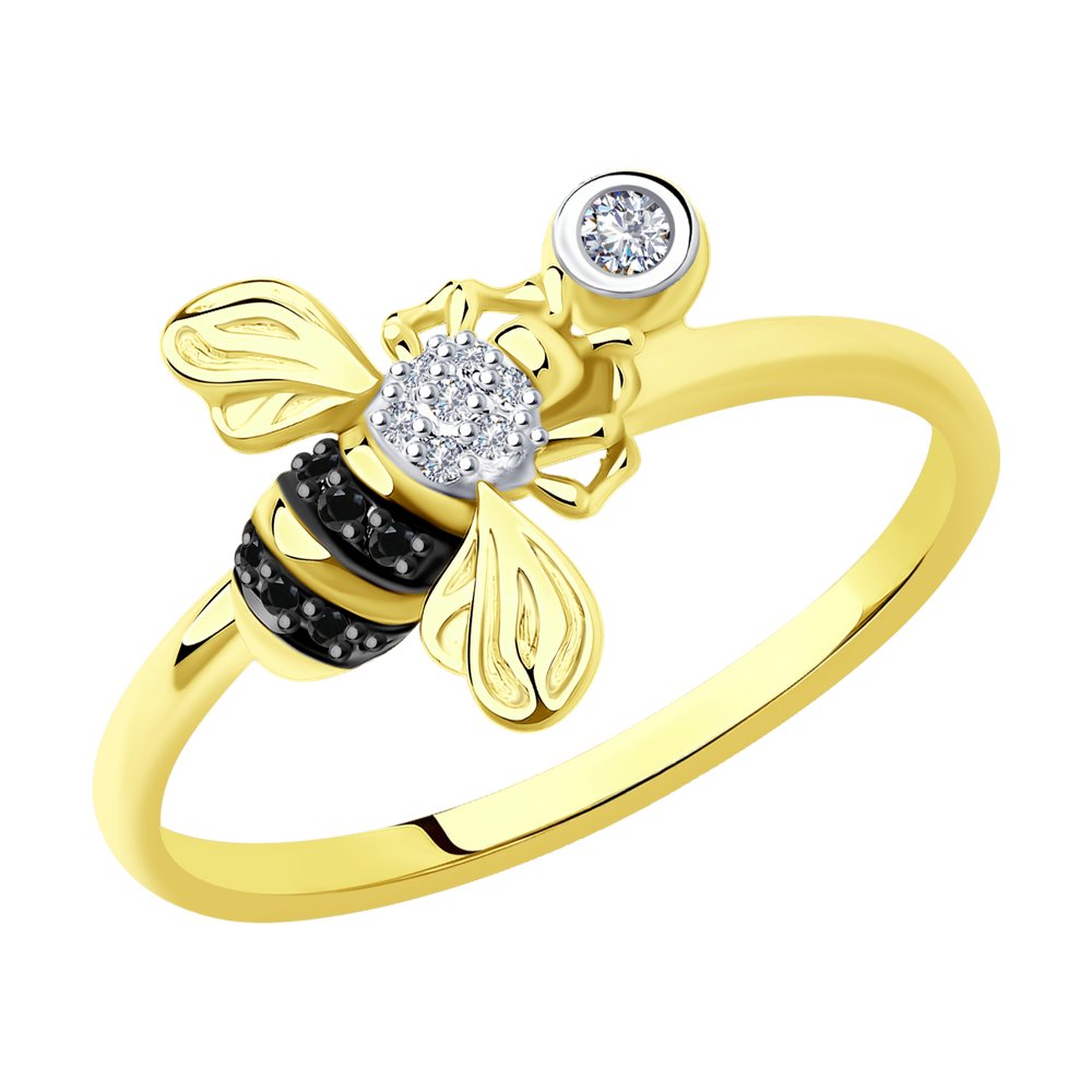 Кольцо из желтого золота с бриллиантами и черными облагороженными бриллиантами