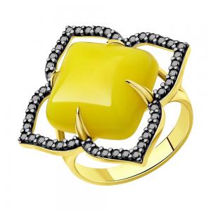 Кольцо из золочёного серебра с родированием с фианитами и янтарём