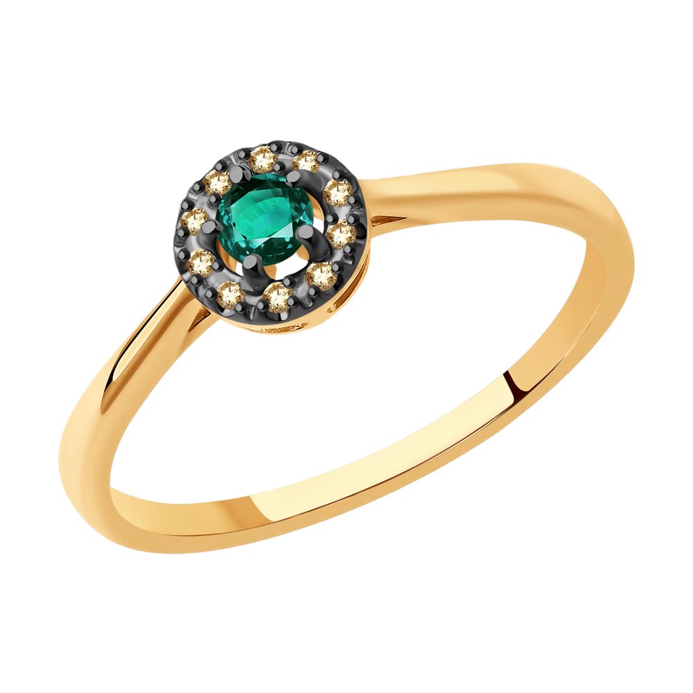 Roodiumiga kaetud kullast sõrmus teemantide ja smaragdiga
