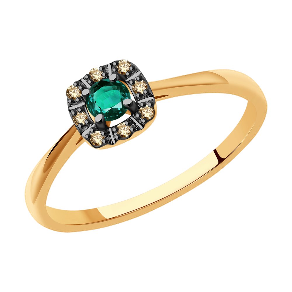 Roodiumiga kaetud kullast sõrmus teemantide ja smaragdiga