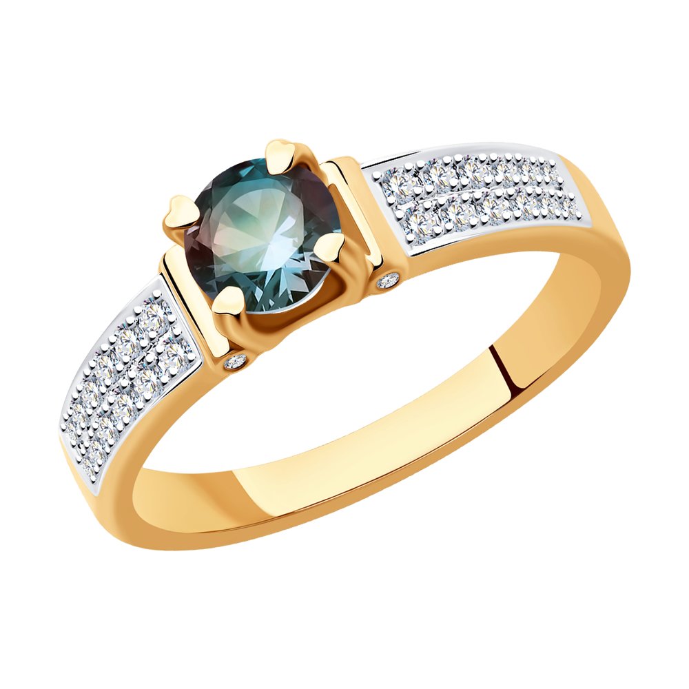 Roodiumiga kaetud kullast sõrmus teemantide ja aleksandriidiga