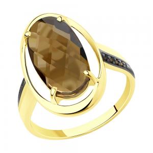 Кольцо из желтого золота с родированием с раухтопазом и фианитами